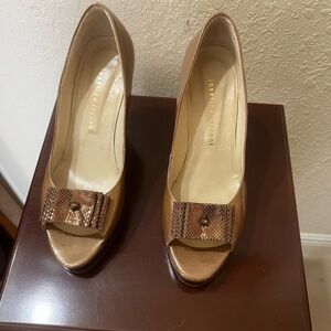 Tan Patent Leather Peep Toe Heels